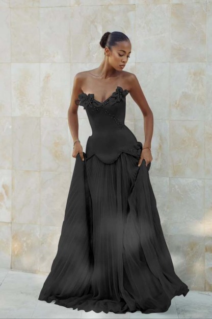 Stunning Strapless Sleeveless Long Formal Dress With Pleated Beading