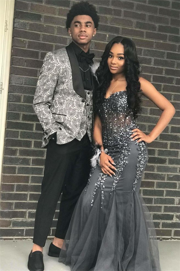 New Arrival Jacquard Bespoke Silver Groom and Groomsmen Prom Suit with Two Pieces