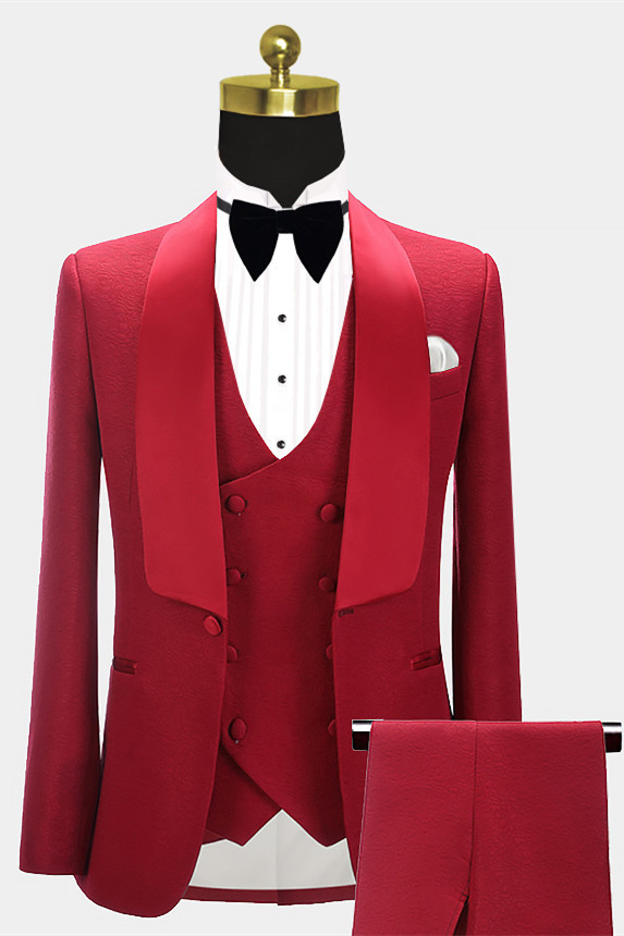 Fashion Abbas Red Three-Piece Shawl Lapel Wedding Groom Suits