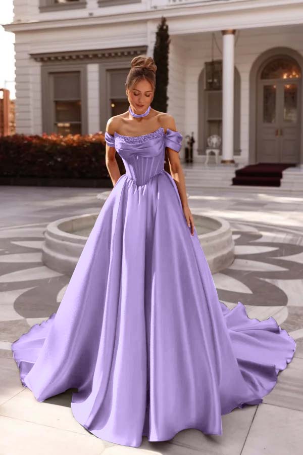 Off the Shoulder Sleeveless Long Formal Dress With Pleated Beading