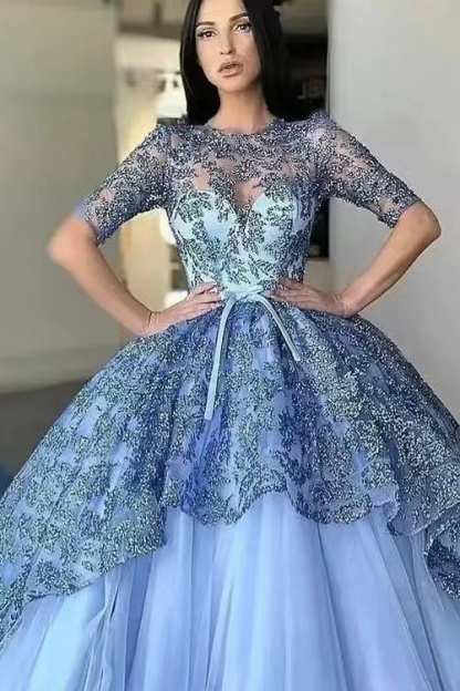 Gorgeous Jewel Ball Gown Lace Evening Dress Half Sleeves With Tulle Appliques
