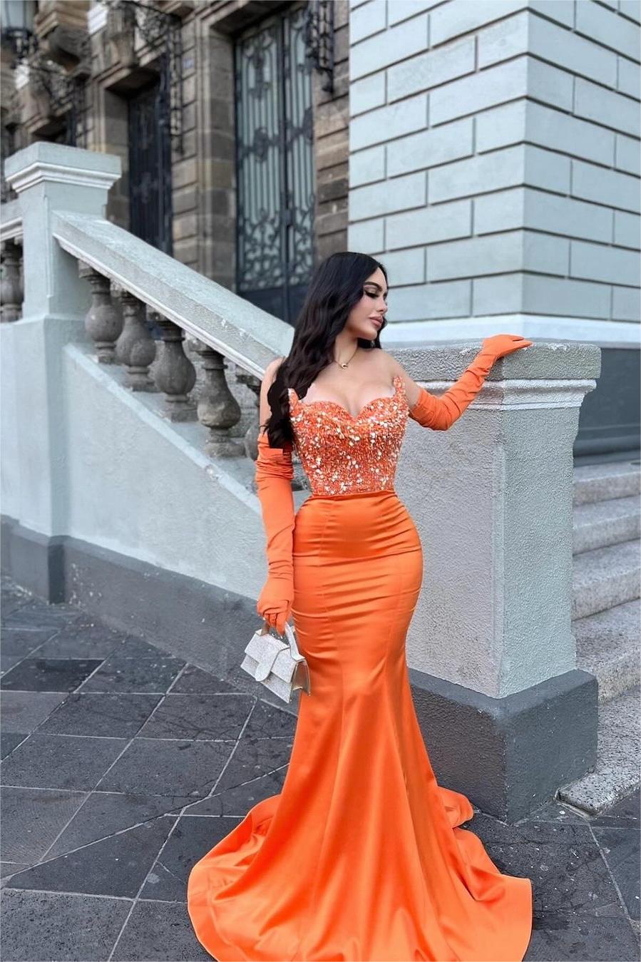 Glamorous Orange Stain Strapless Mermaid Beaded Long Formal Dress With Gloves