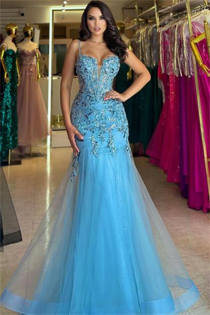 Stunning Tulle Spaghetti Strap Sleeveless Long Formal Dress With Embroidery