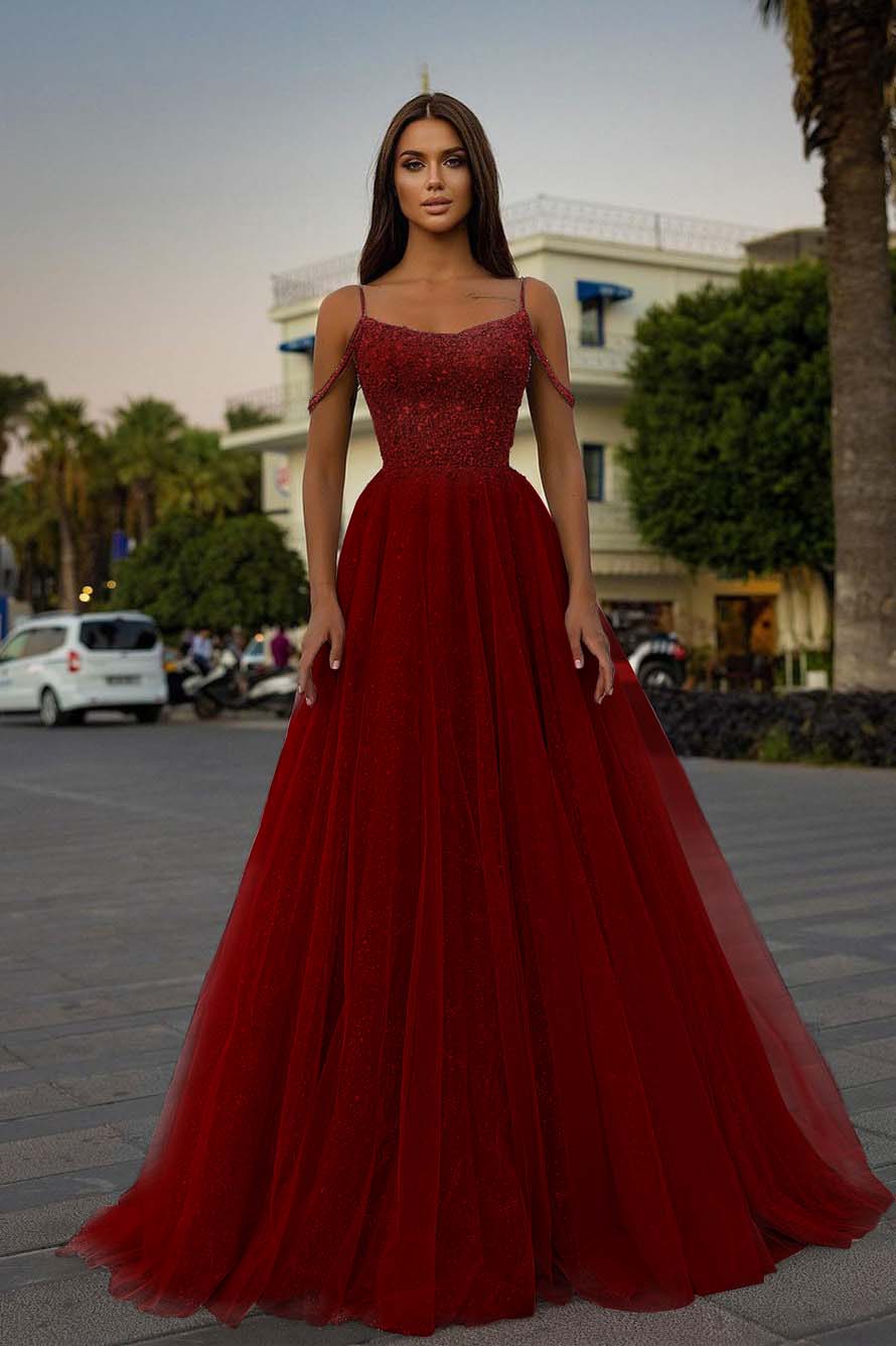 Tulle Spaghetti Strap Sleeveless A Line Long Formal Dress With Sequins Beads