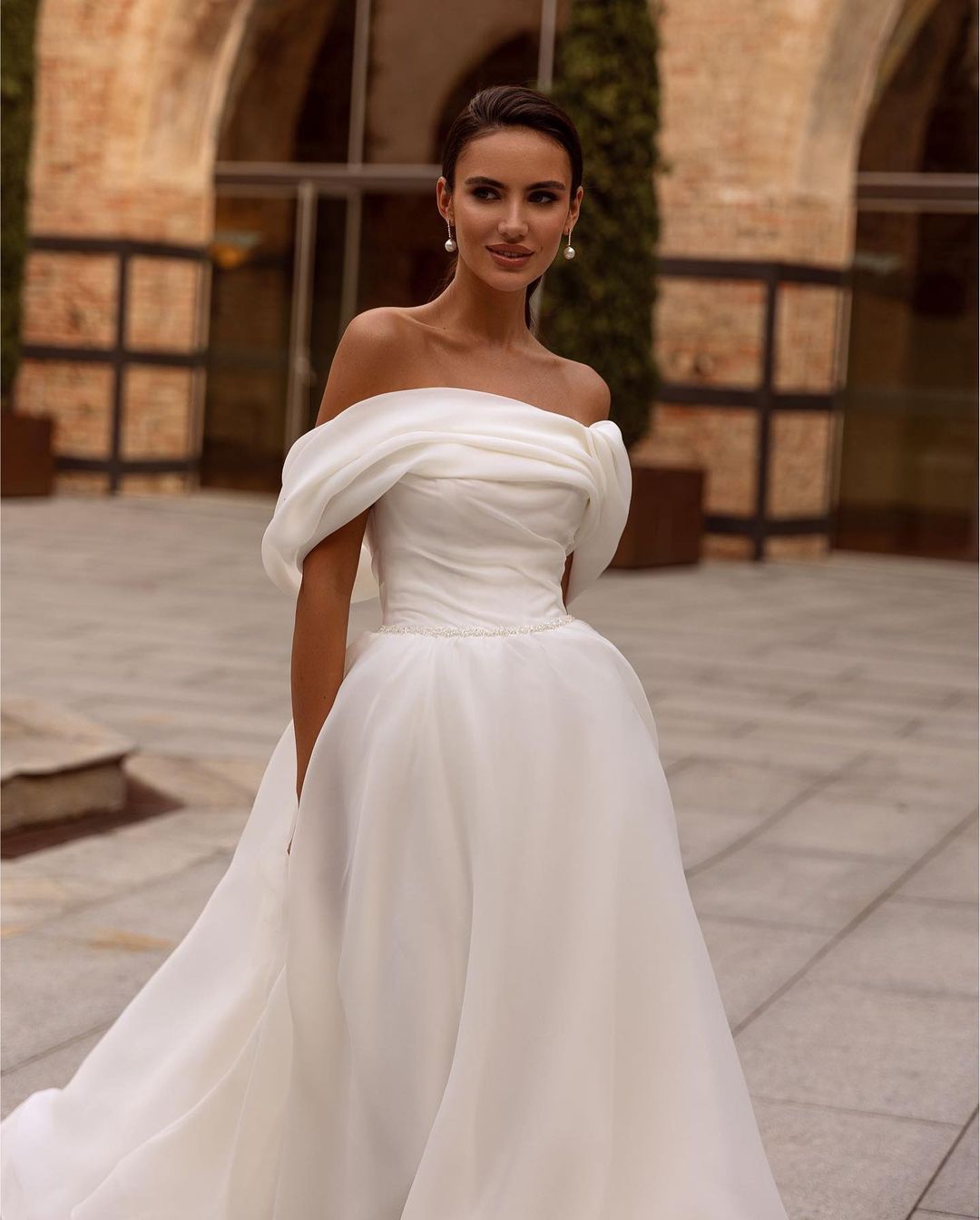 White Strapless Off-the-Shoulder A-Line Wedding Dress