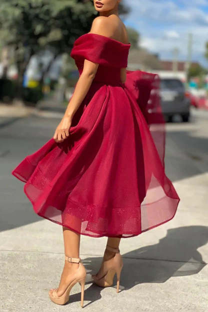 Prom Dress in Burgundy with Off-Shoulder Design