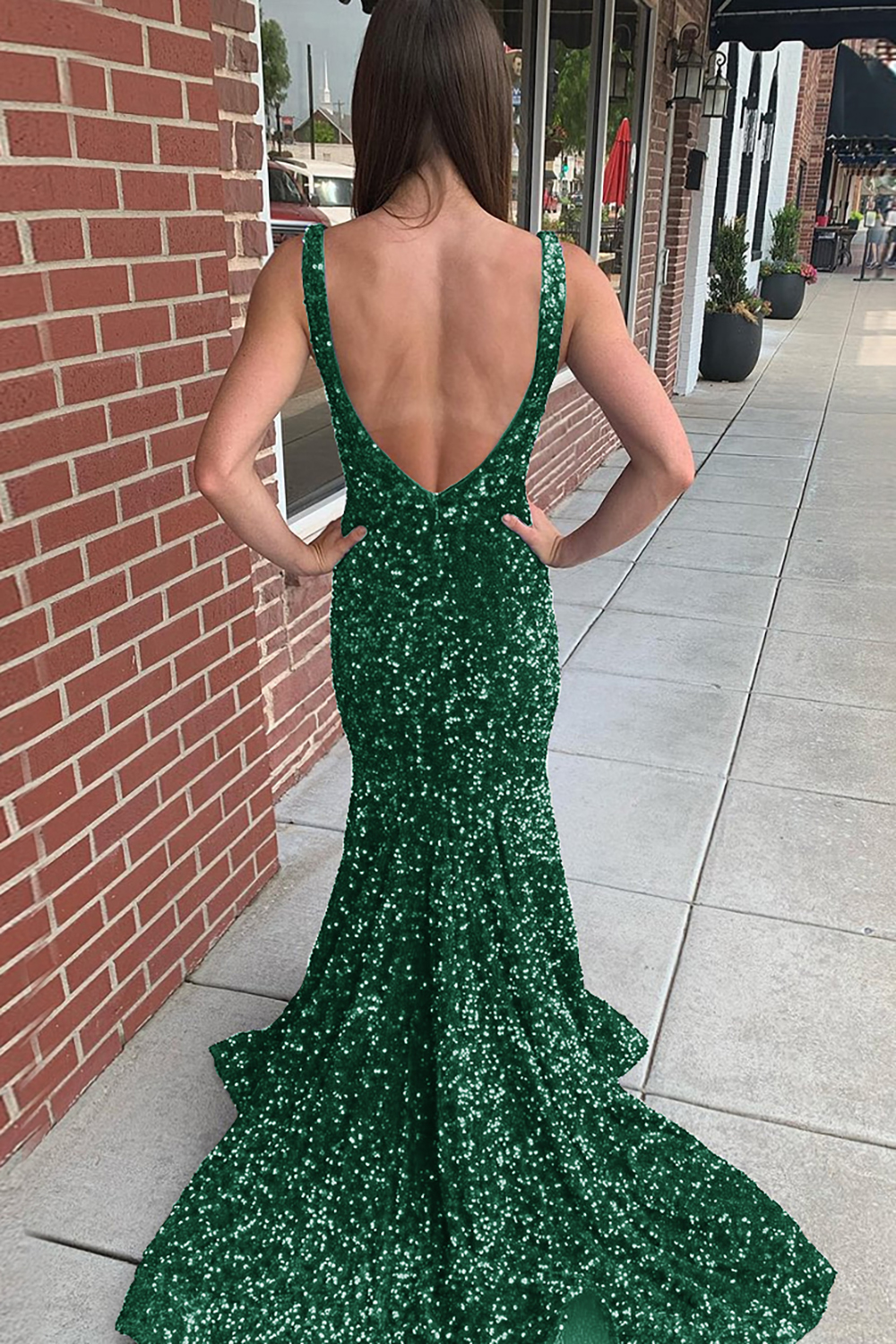 Long Prom Dress with Sequins in Mermaid Blue V-Neck