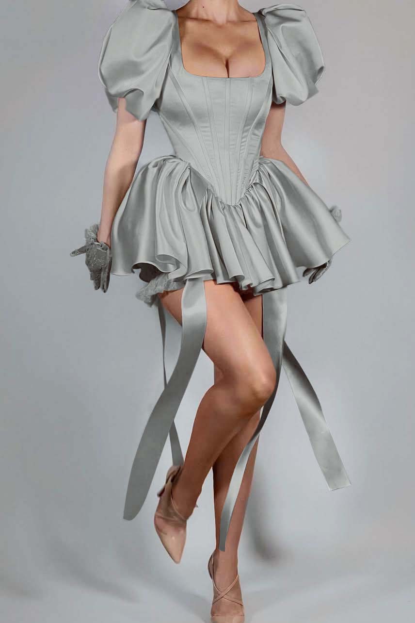 Bubble Sleeves Square Neck Short Formal Dress With Ruffles Pleated