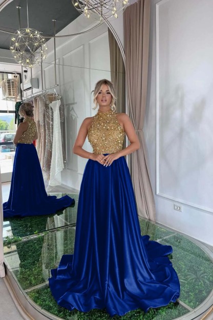 Elegant Sequins Formal Dress Gold Black Long Sleeveless Halter
