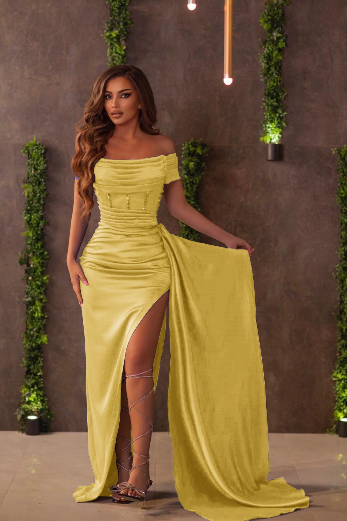 Royal Blue Off-the-Shoulder Split Evening Dress With Ruffles