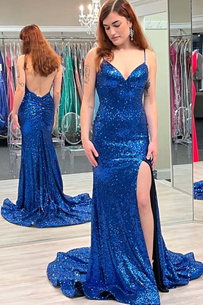 Backless Royal Blue Mermaid Prom Dress Featuring Sequins and a Slit