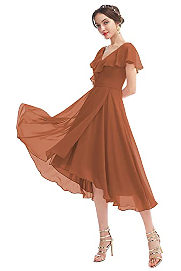 V-Neck Short Sleeve Ruffles Bridesmaid Dress