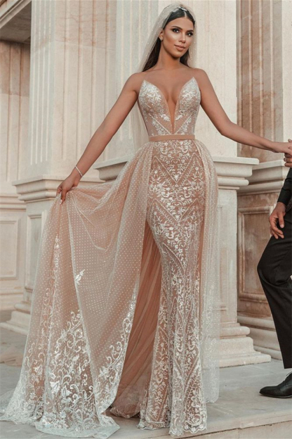 Spaghetti-Strap Mermaid Wedding Dress with Applique Ruffles