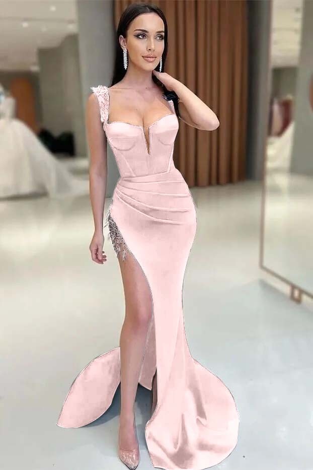 Gorgeous V-Neck Split Mermaid Sleeveless Prom Dress with Beadings