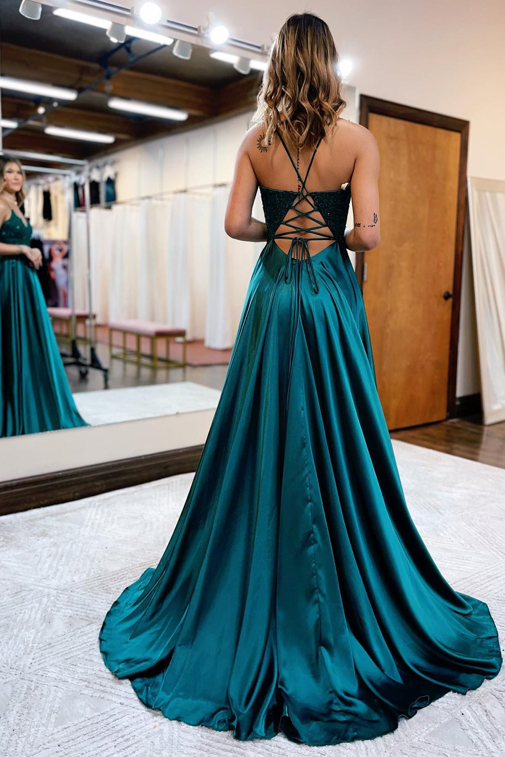 Prom Dress in Dark Green Satin with A-Line Silhouette and Appliques Featuring a Slit