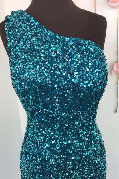 White Sequined Long Prom Gown with One Shoulder and Front Slit