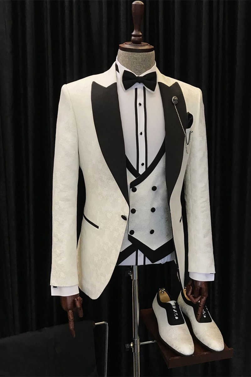 New Arrival White Jacquard Alvin Three-Piece Wedding Suits with Black Peaked-Lapels