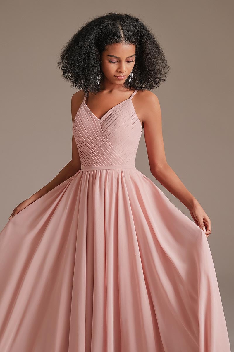 Chiffon Spaghetti-Straps Pleated Pink Bridesmaid Dress