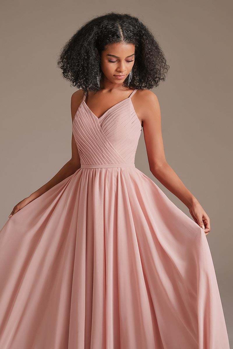 Chiffon Spaghetti-Straps Pleated Pink Bridesmaid Dress
