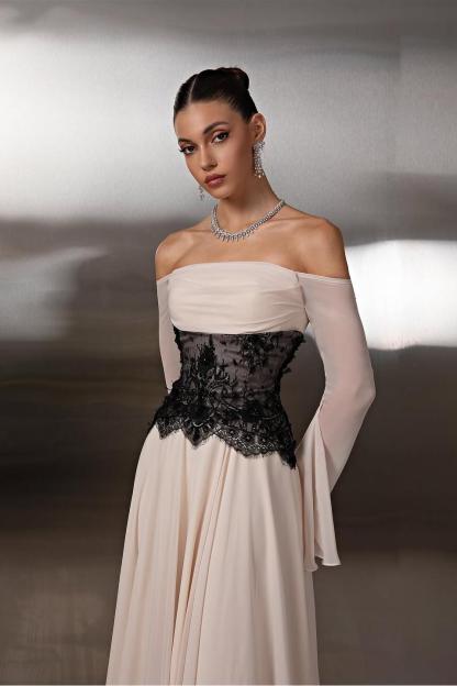 Off the Shoulder Long Sleeves Long Formal Dress With Lace Pleated