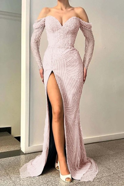 Blue Long Sleeves Off-The-Shoulder Sequins Evening Dress Sweetheart With Split Mermaid