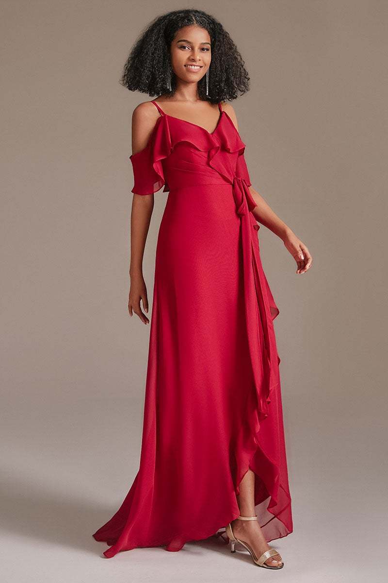 Red Chiffon Spaghetti-Straps Bridesmaid Dress with Ruffles