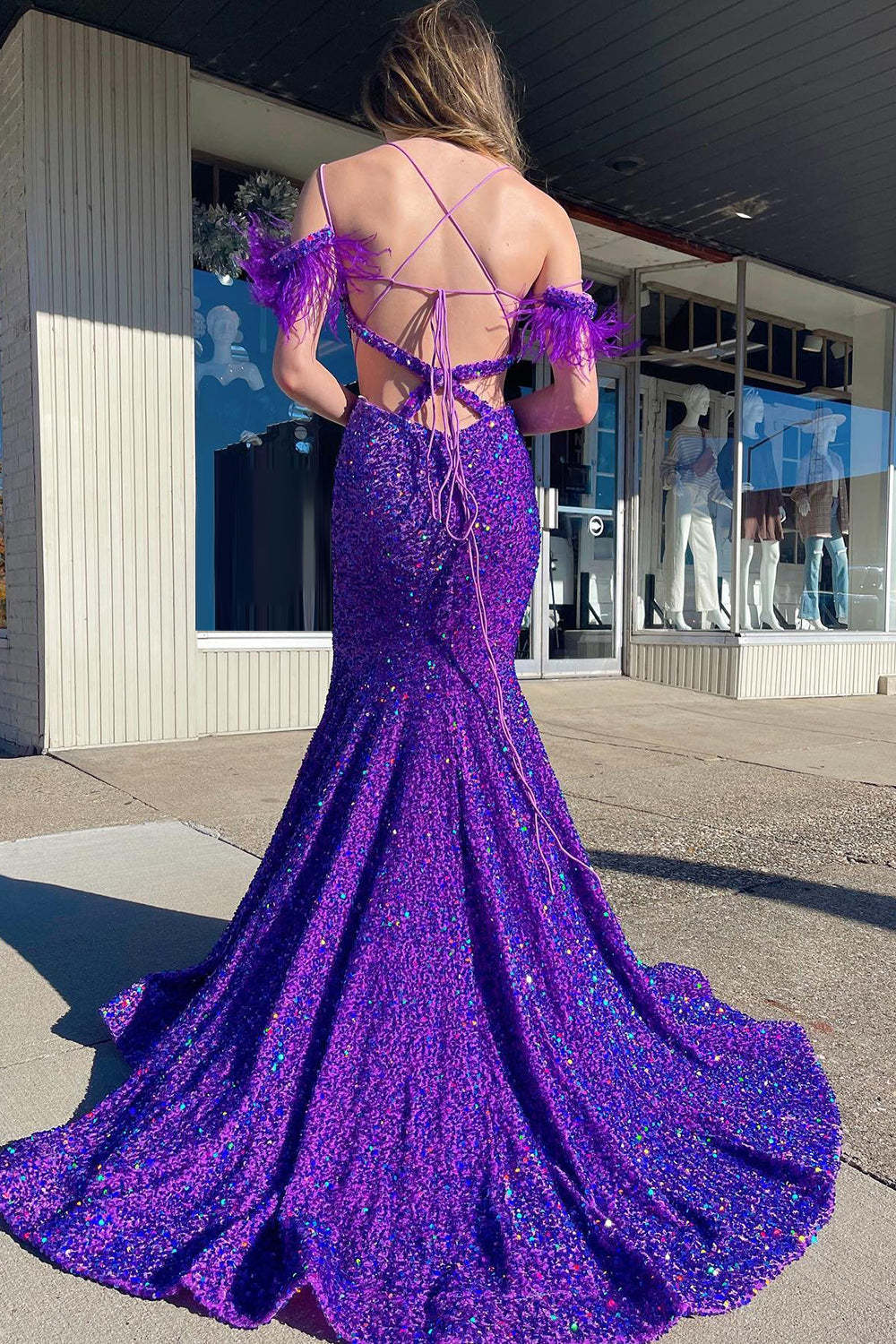 Purple Sequined Mermaid Prom Dress with Feathers and Off-Shoulder Cut-Out