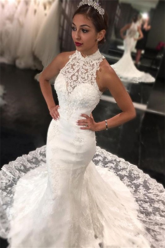 High Neck Mermaid Sleeveless Long Lace Wedding Dress with Appliques