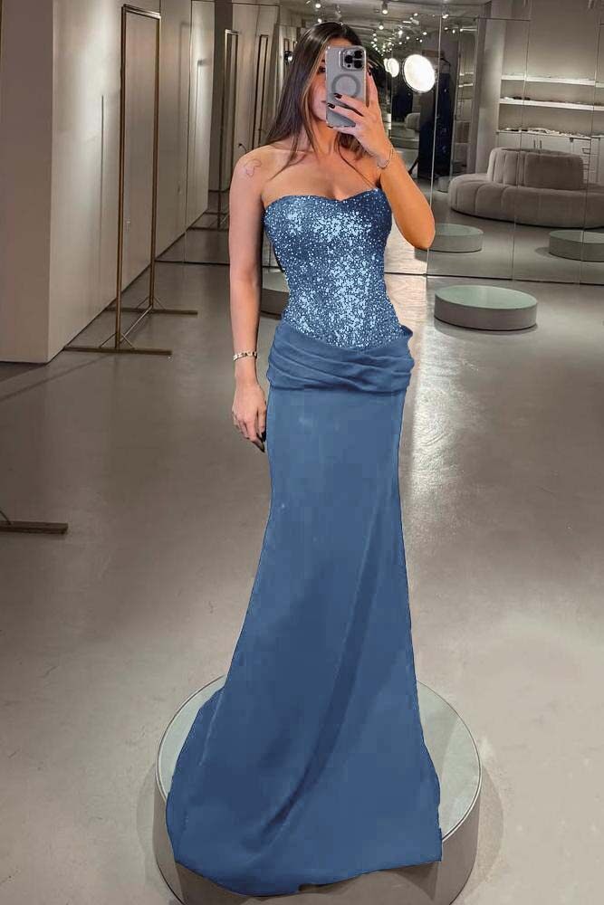 Strapless Sleeveless Long Mermaid Formal Dress With Pleated Sequins