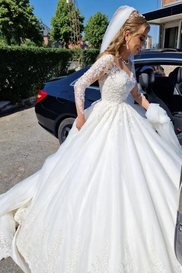Stunning White V-Neck Lace A-Line Wedding Dress with Long Sleeves