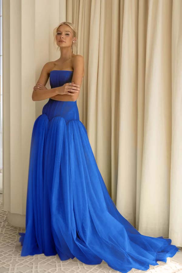 Charming Tulle Strapless Sleeveless Long Formal Dress With Pleated