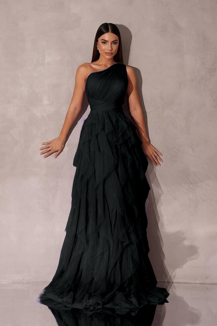 Chic One Shoulder Sleeveless Long Formal Dress With Tulle Ruffle