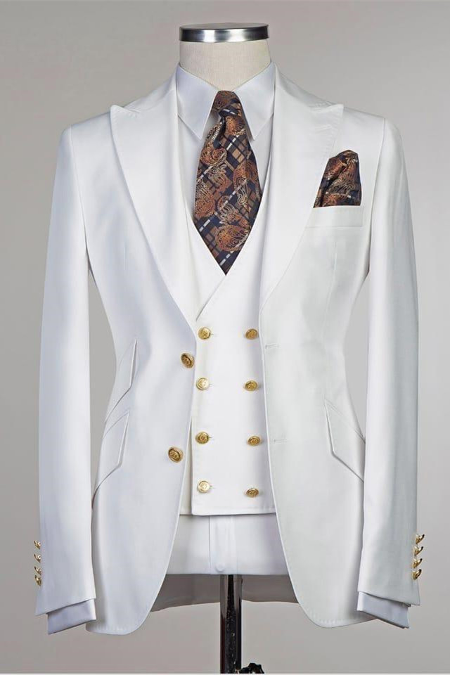 Fashion White Peaked Lapel Slim-Fit Wedding Groom Suit