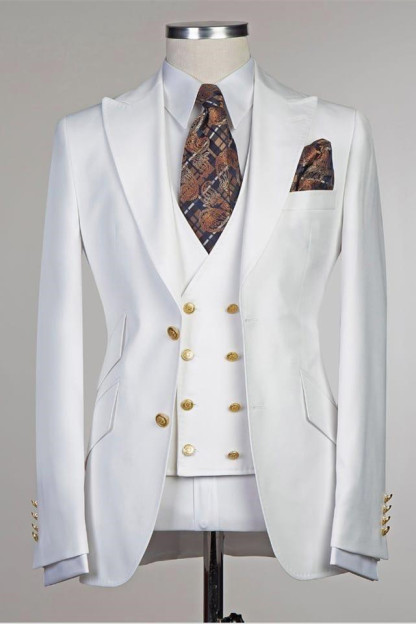 Fashion White Peaked Lapel Slim-Fit Wedding Groom Suit