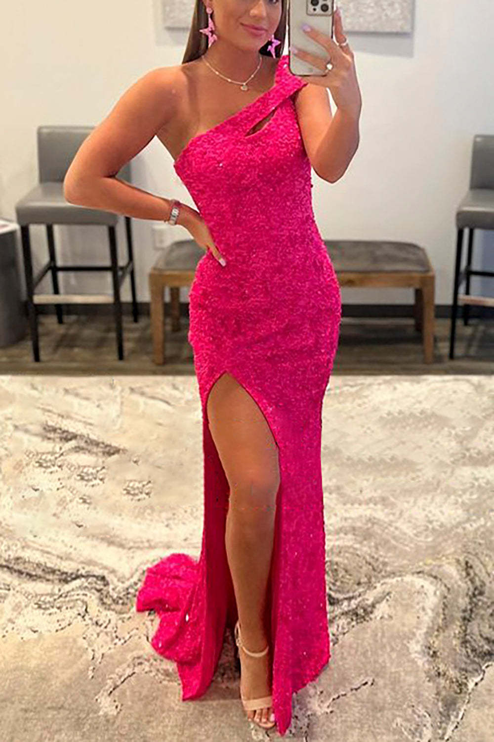 Sequined One-Shoulder Prom Dress in Fuchsia