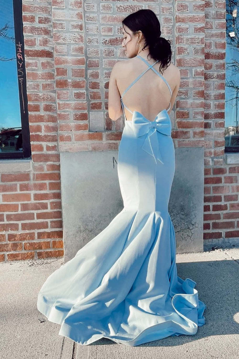 Light Blue Long Prom Dress with Mermaid Spaghetti Straps and Open Back