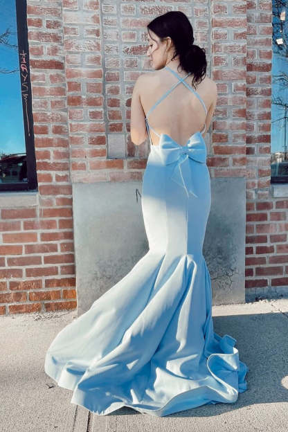 Light Blue Long Prom Dress with Mermaid Spaghetti Straps and Open Back