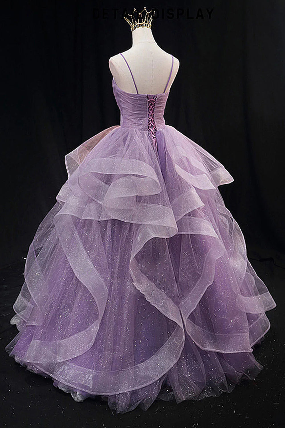 Long Light Purple Prom Dress with Spaghetti Straps and Ruffles in an A-Line Cut