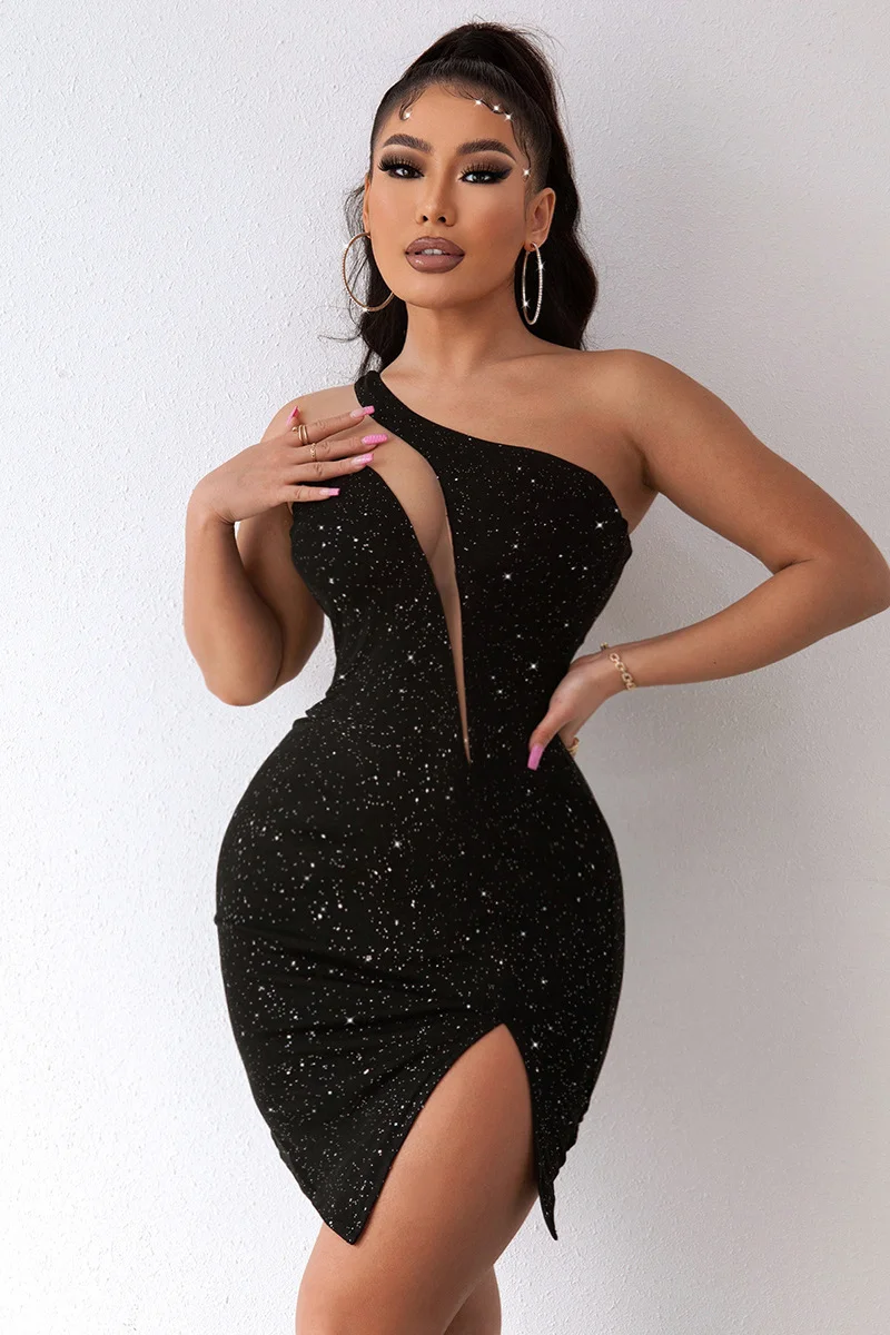 Black Glitter Slit One Shoulder Gap Design Short Mini cocktail Dress