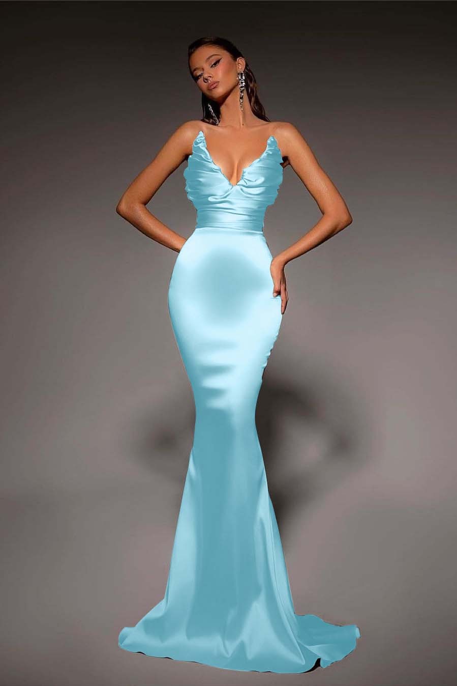 Strapless V Neck Sleeveless Long Mermaid Formal Dress With Pleated