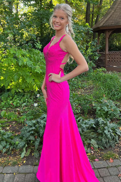 Mermaid Prom Dress with Lavender Rhinestone Spaghetti Straps