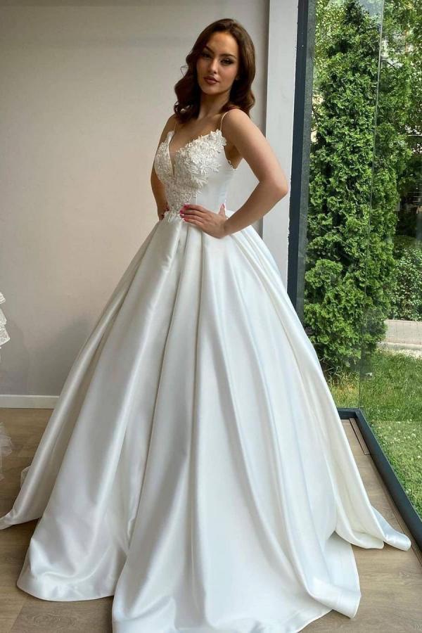 Glamorous Spaghetti-Straps Ball Gowns Satin Long Sweetheart Wedding Dress