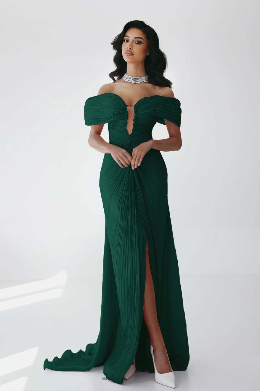 Off the Shoulder Sleeveless Long Mermaid Formal Dress With Ruffles Pleated