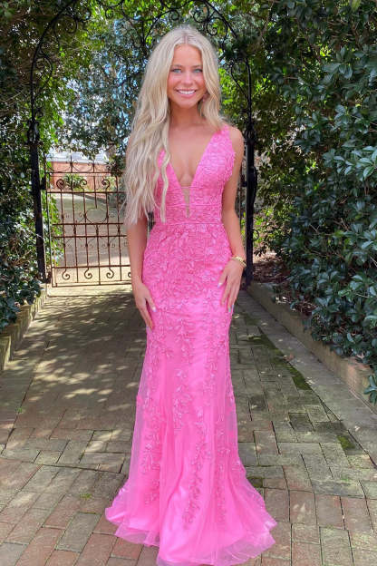 Pink Long Prom Dress with Appliques in a Mermaid Deep V Neckline