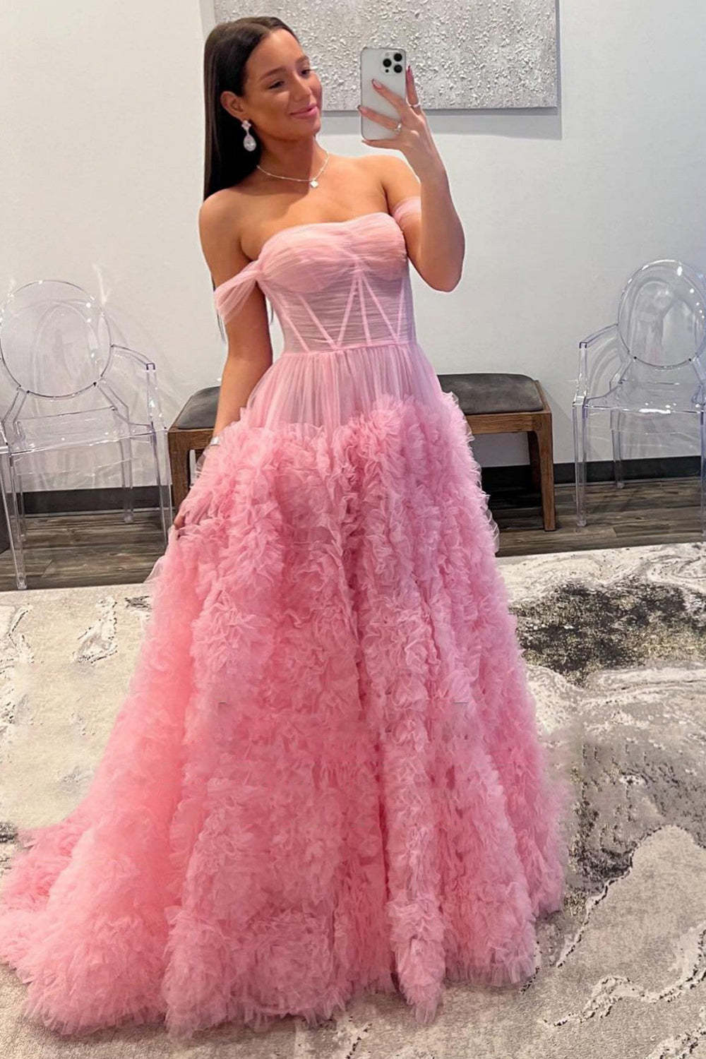 Pink Off-the-Shoulder Princess Corset Prom Dress with A-Line Ruffles