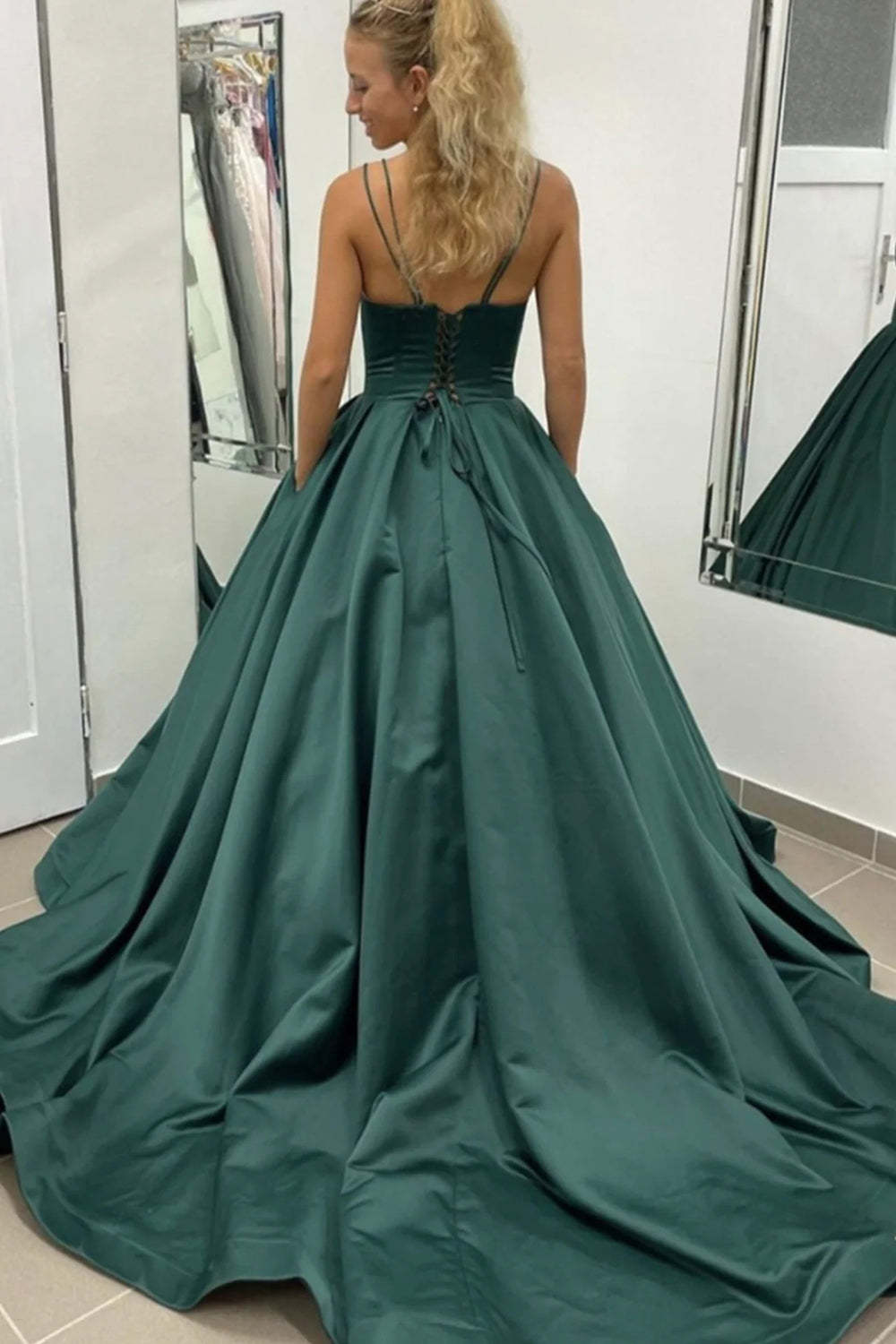 Dark Green Prom Dress with Spaghetti Straps and A-Line Sweep Train