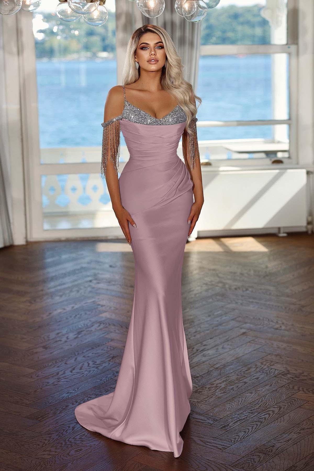 Elegant Spaghetti-Straps Evening Dress Mermaid Long With Tassels Sequins