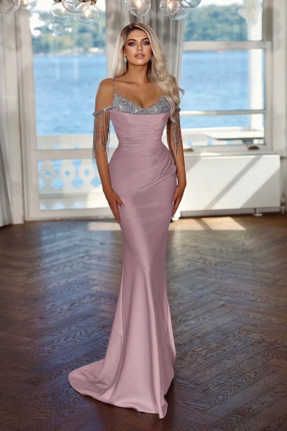 Elegant Spaghetti-Straps Evening Dress Mermaid Long With Tassels Sequins