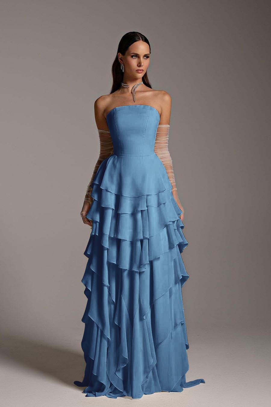 Charming Strapless Sleeveless Ruffles Long Formal Dress With Gloves