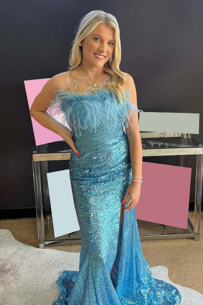 White Plus Size Mermaid Prom Dress with Strapless Sequins and Feathers